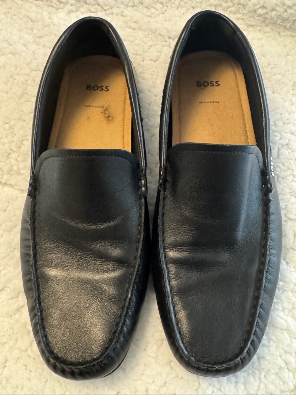 BOSS Men's Black Leather Slip-On Driving Loafers